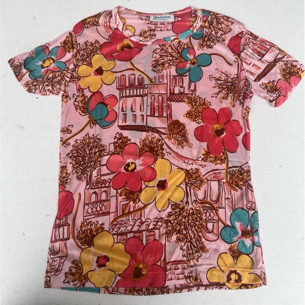 Vintage Retro Print Tee, 1970s Nylon‎ Knit Bodycon Shirt, Sz Sm Parisienne NOS